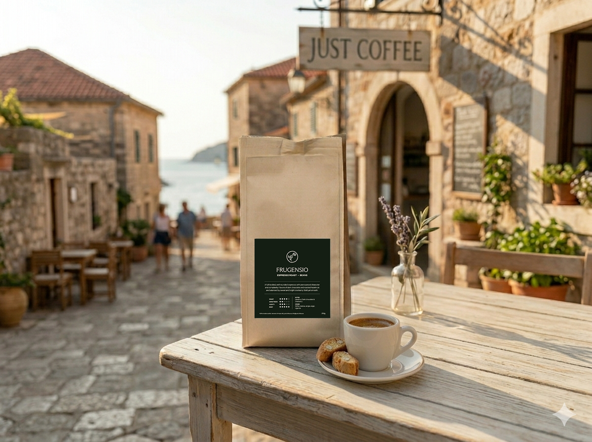 A bag of Frugensio espresso roast and a cup of coffee on a sunlit table outside a Just Coffee café in a Mediterranean village