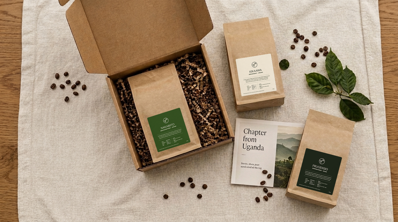 A Just Coffee subscription box: kraft coffee bags, loose beans and a printed Chapter from Uganda